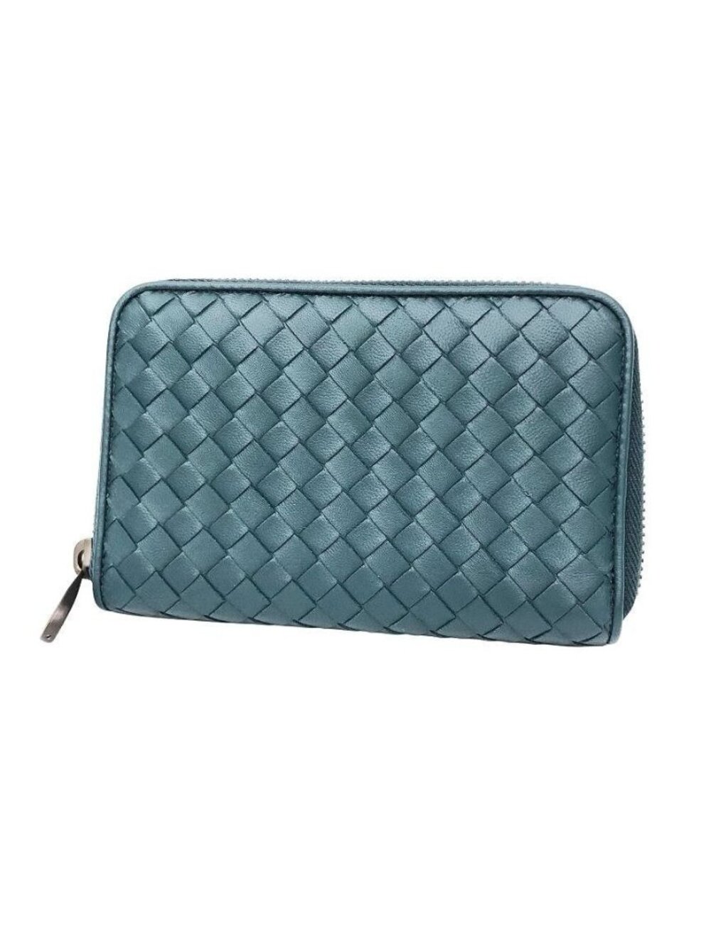 Bottega Veneta Intrecciato Leather Medium Zip Around Foldwallet Blue Green